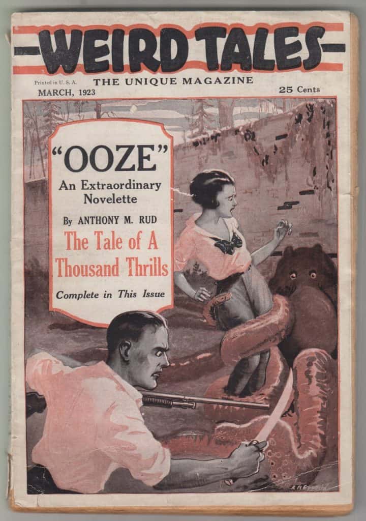 Capa de revista mostra homem enfrentando criatura com tentáculos que seguram uma mulher.