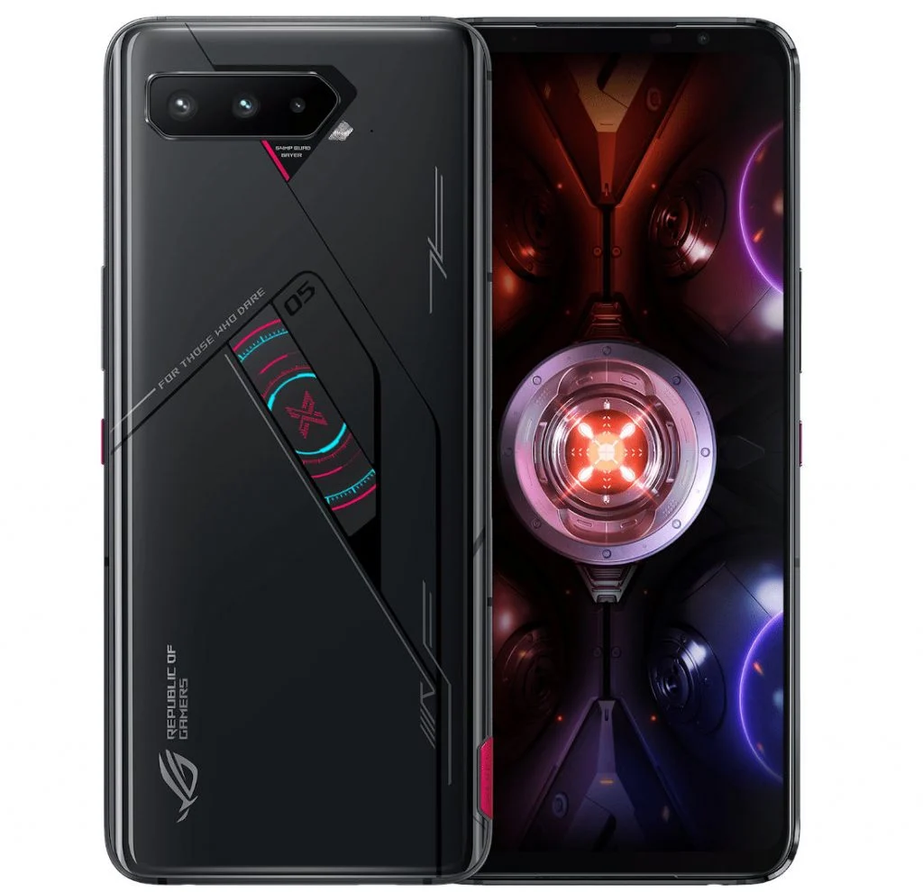 Imagem de divulgação mostra o ROG Phone 5s em um fundo branco, de frente e de costas