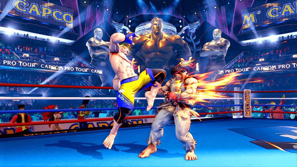 Imagem do jogo mostra Luke golpeando Ryu em arena.