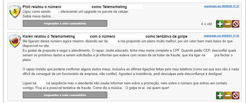 Print do site Tellows, identificador de chamadas