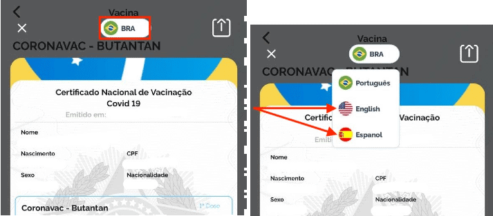 Imagem mostra um dos passos para emitir o certificado de vacina da Covid-19 em diferentes idiomas pelo aplicativo Conecte SUS
