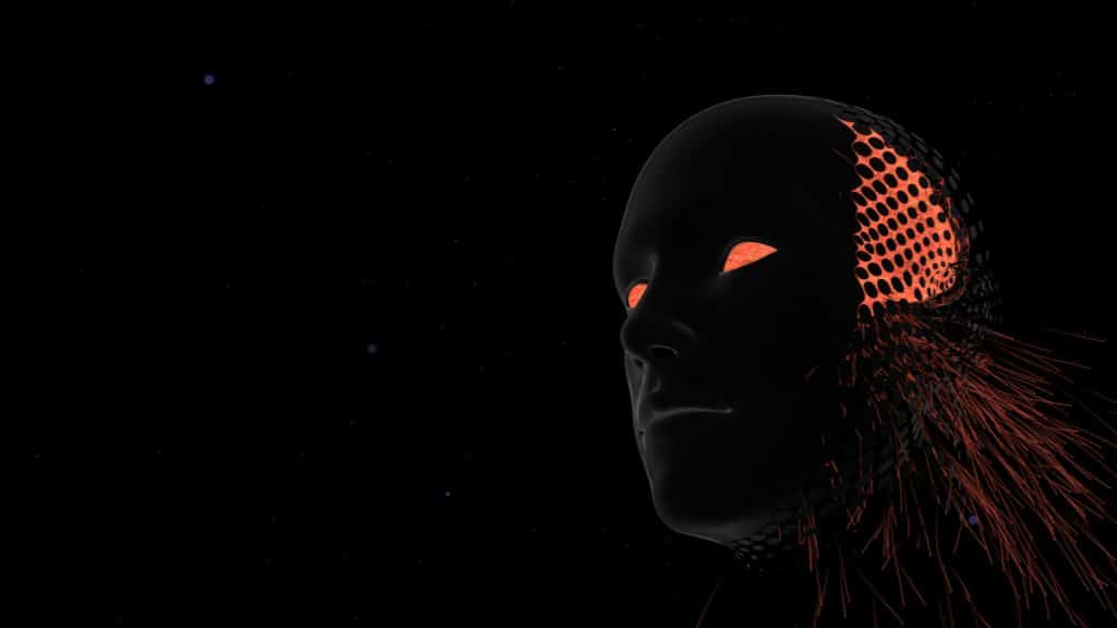 Imagem ilustrativa simboliza o conceito de "deepfake", mostrando um rosto vermelho se destacando de um fundo preto