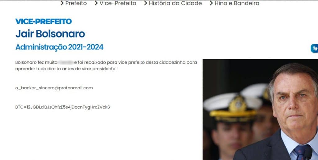 Captura mostra imagem de Jair Bolsonaro  como vice na prefeitura de Fama, em Minas Gerais
