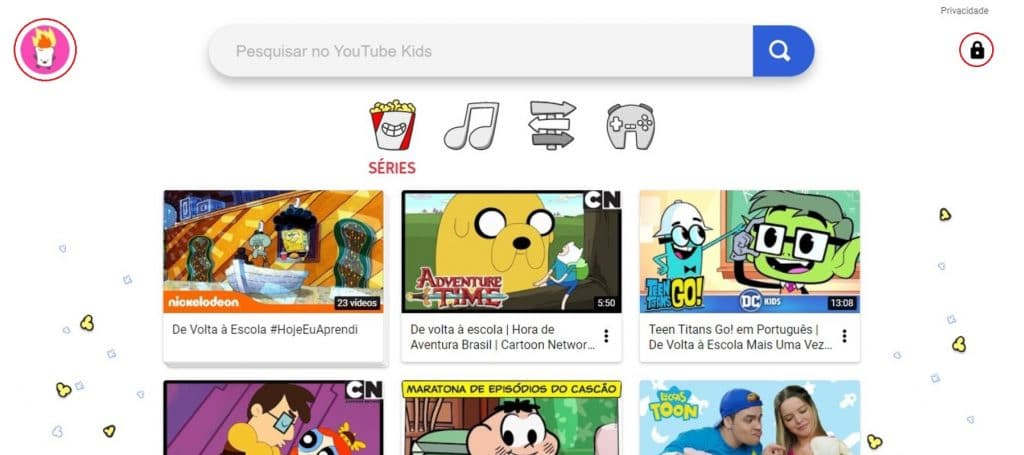 Home do YouTube Kids no computador