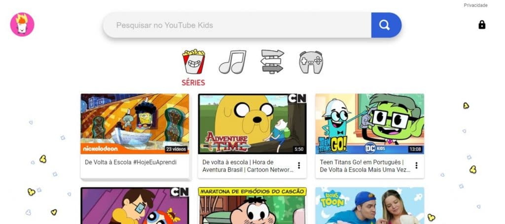 Home da plataforma de vídeos YouTube Kids
