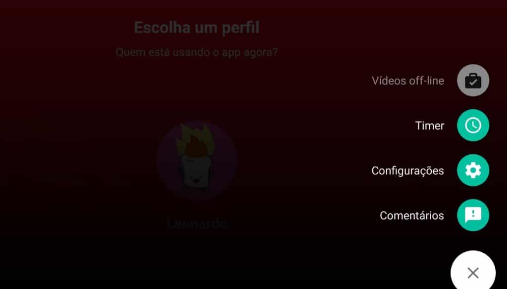 Opções de configurações no app do YouTube Kids