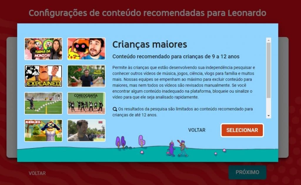 Perfis por faixa etária do YouTube Kids