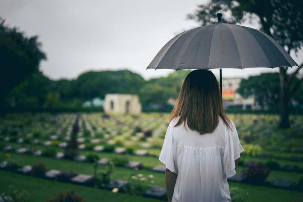 Mulher com um guarda-chuva olhando para um cemitério