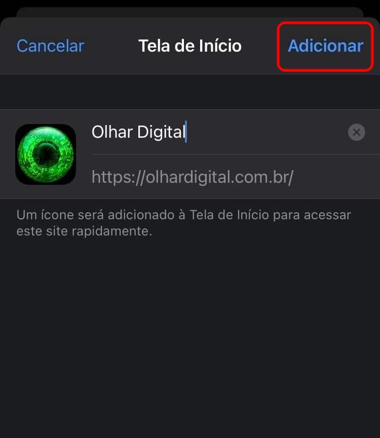 Como adicionar uma página do Safari na 'Tela de Início', passo 4