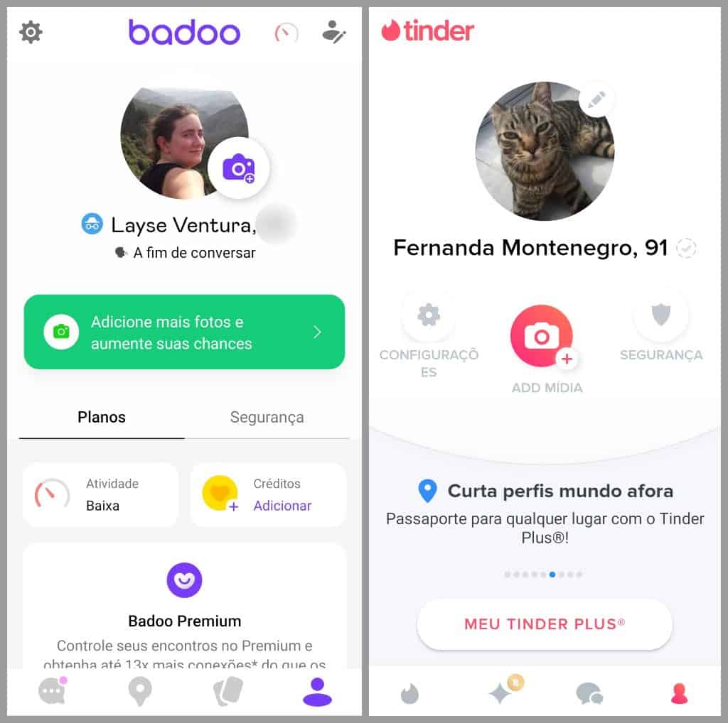 Comparação entre a interface do Badoo e do Tinder