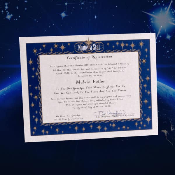 Imagem mostra um certificado de propriedade de uma estrela, mas documento não tem valor legal, oficial ou científico