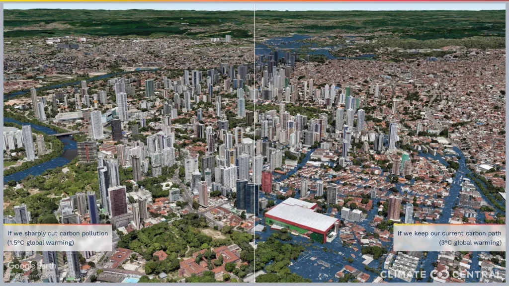 Simulações do aumento do nível do mar em várias cidades do mundo