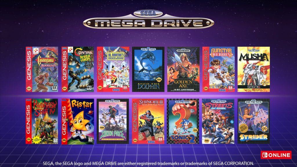 Line-up inicial dos jogos de Mega Drive do Pacote Adicional do Nintendo Switch Online. Imagem: Nintendo/Divulgação