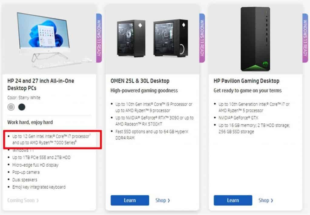 HP lista processadores Ryzen 7000 em modelos All in One. Imagem: HP/Reprodução