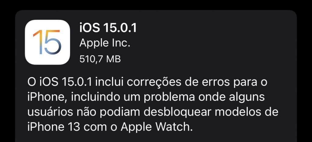 iOS 15.0.1 (Imagem: reprodução)
