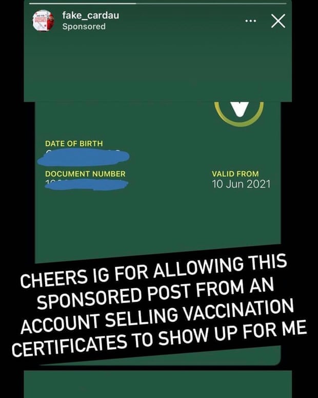 Instagram exibe anúncio oferecendo falso certificado de vacinação contra a Covid-19. Imagem: Reprodução/Instagram