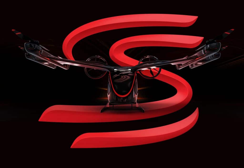 ícone da marca Senna com uma ilustração do eVTOL