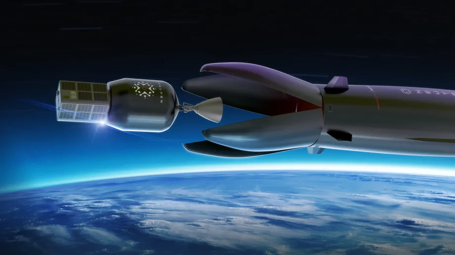 Ilustração mostra como a Rocket Lab desenvolveu a carenagem superior do foguete Neutron para abrir espaço, sem se separar, para o segundo estágio de um voo orbital 