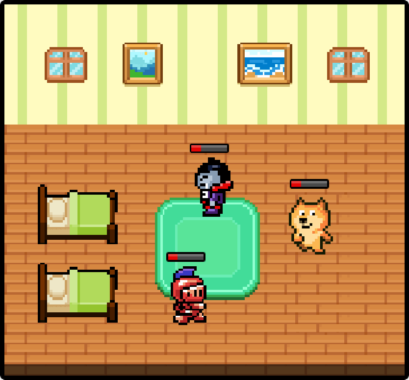 A captura de tela mostra o interior de uma das casas virtuais de Bomb Crypto e três heróis com pouca energia. 