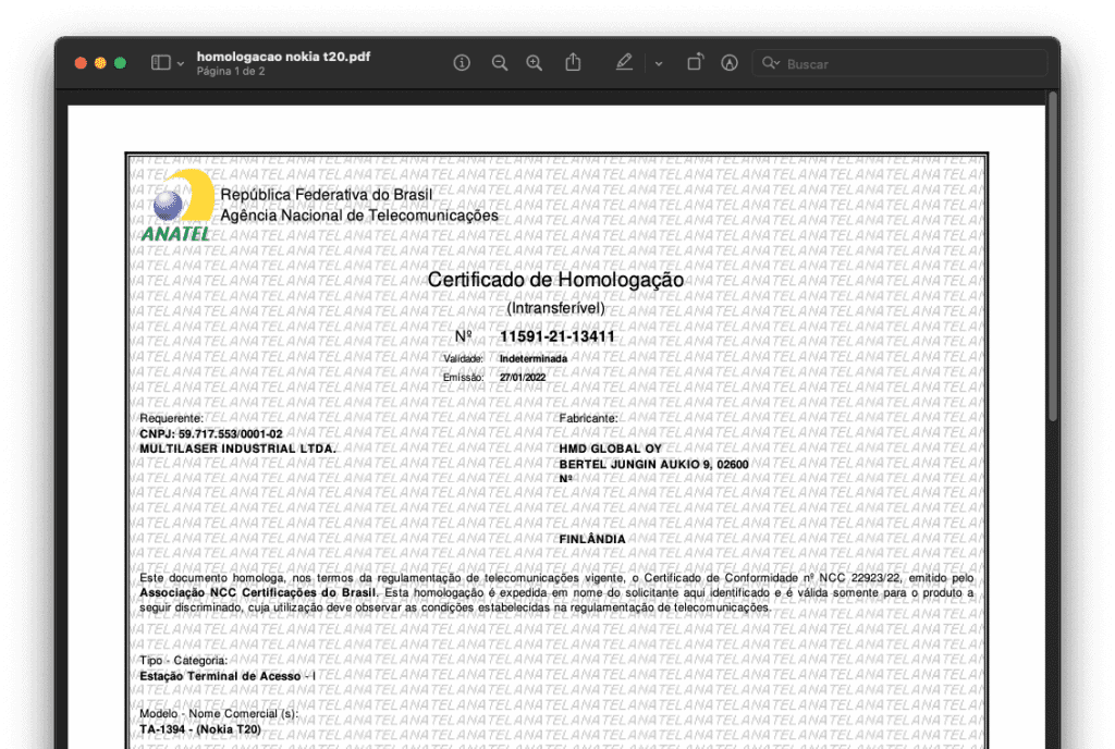 Certificado de homologação para o Nokia T20 (Imagem: reprodução/Olhar Digital)