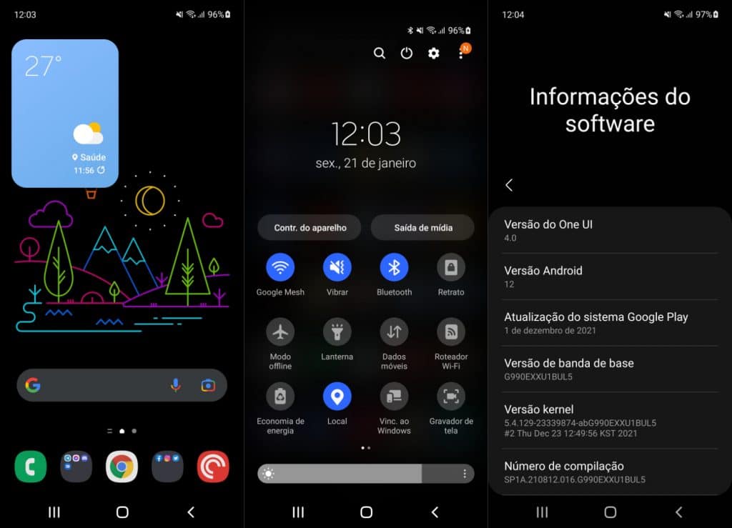 Android 12 no Galaxy S21 FE (Imagem: reprodução)