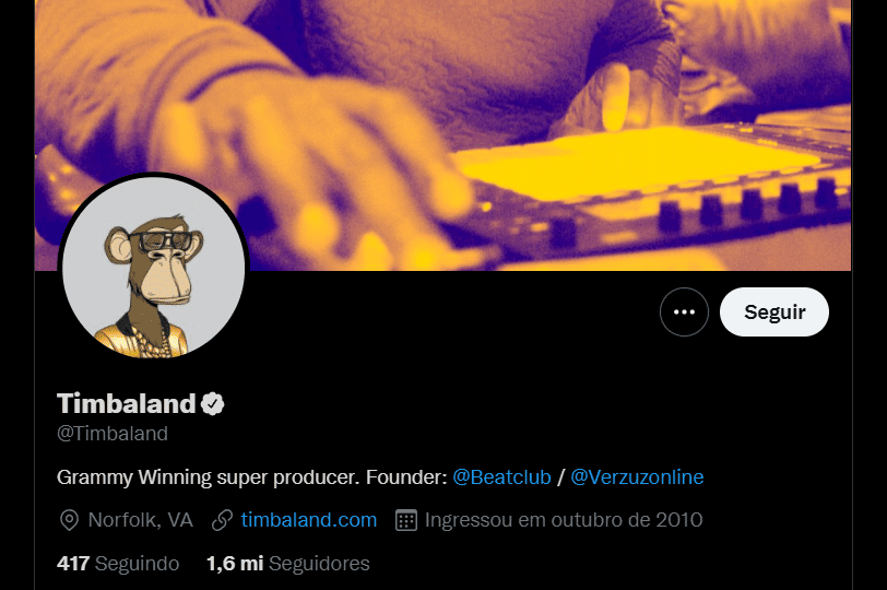 Timbaland é dono do Bored Ape #590 como foto de perfil no Twitter