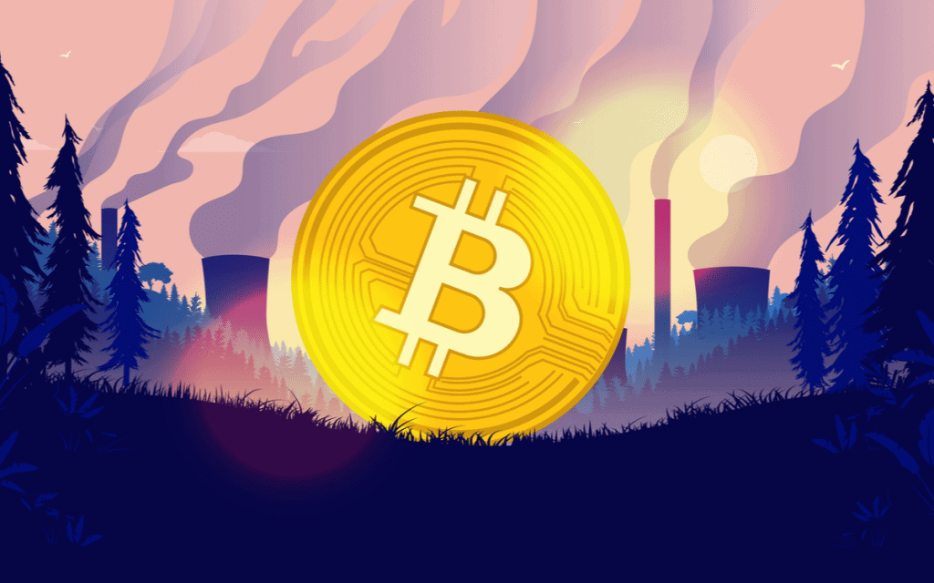 Ilustração sobre o debate do uso de energia em criptomoedas e o seu impacto ambiental.