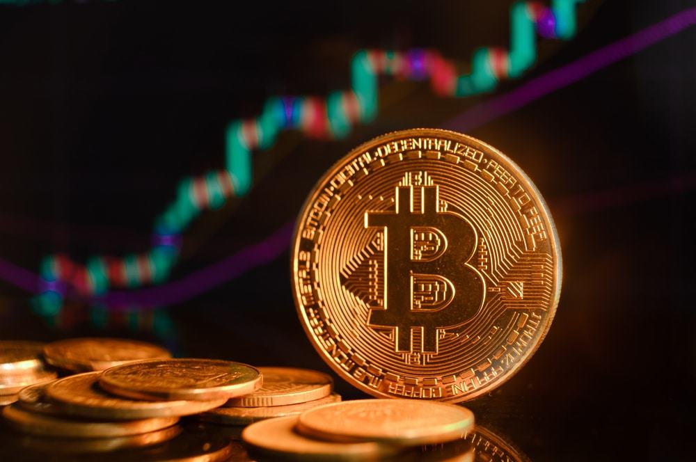 Moedas douradas da criptomoeda Bitcoin