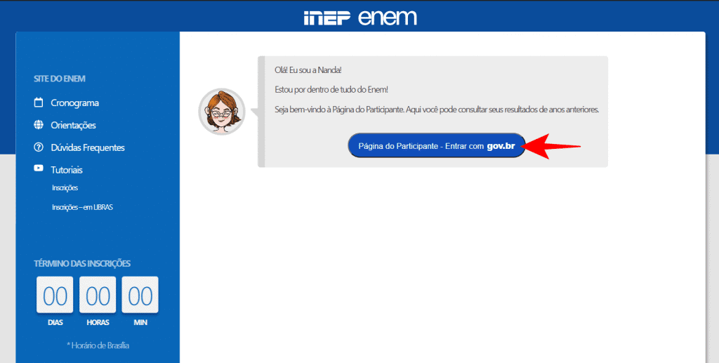 Página do Participante do ENEM.