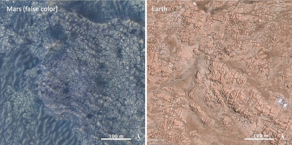 À esquerda, uma imagem feita pelo rover Spirit, mostrando as supostas rochas ignimbritas. À direita, as mesmas rochas, em parque vulcânico aqui na Terra. Esse tipo de rocha pode estar ligado a uma origem violenta de Marte