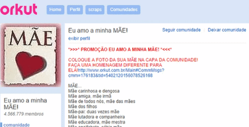 Comunidade "Eu amo minha mãe" do Orkut