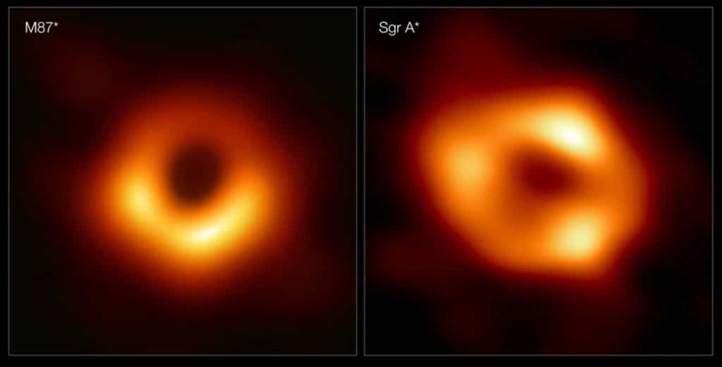 Uma comparação entre os buracos negros supermassivos M87* e Sagittarius A* - este último, no centro da nossa Via Láctea: ambas as imagens foram feitas pelo Event Horizon Telescope