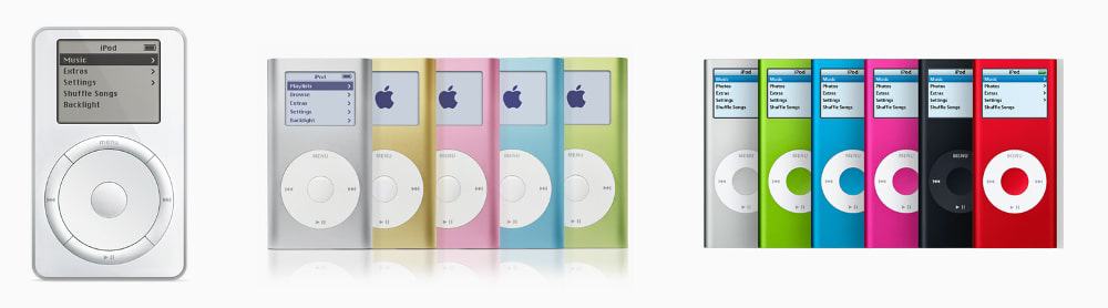 Primeiro iPod de 2001, iPod Mini lançado em 2004 e iPod Nano de 2a geração (2006)