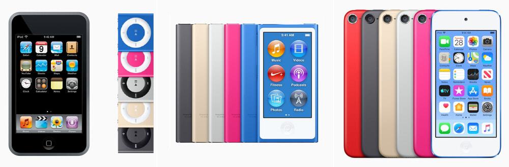 iPod Touch original de 2007, iPod Shuffle de 4a geração (2015), iPod Nano de 7a geração (2012) e iPod Touch de 7a geração (2019)