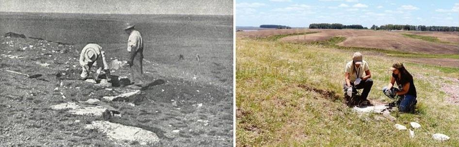 Composição mostra os descobridores originais de Cerro Chato, na década de 1950; e os "redescobridores" do parque, em 2019