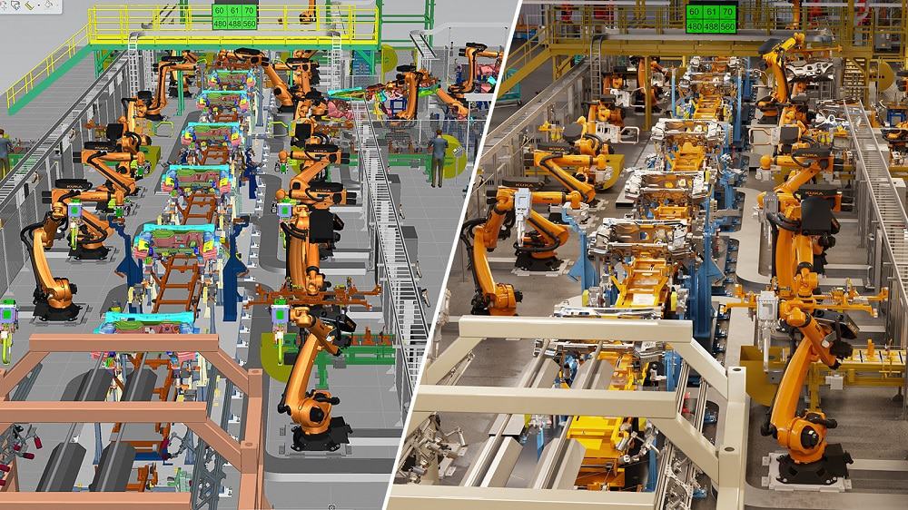 O Siemens Process Simulate (esquerda) conecta-se ao Nvidia Omniverse (direita) para permitir um gêmeo digital em tempo real, fotorrealista e com total fidelidade de design
