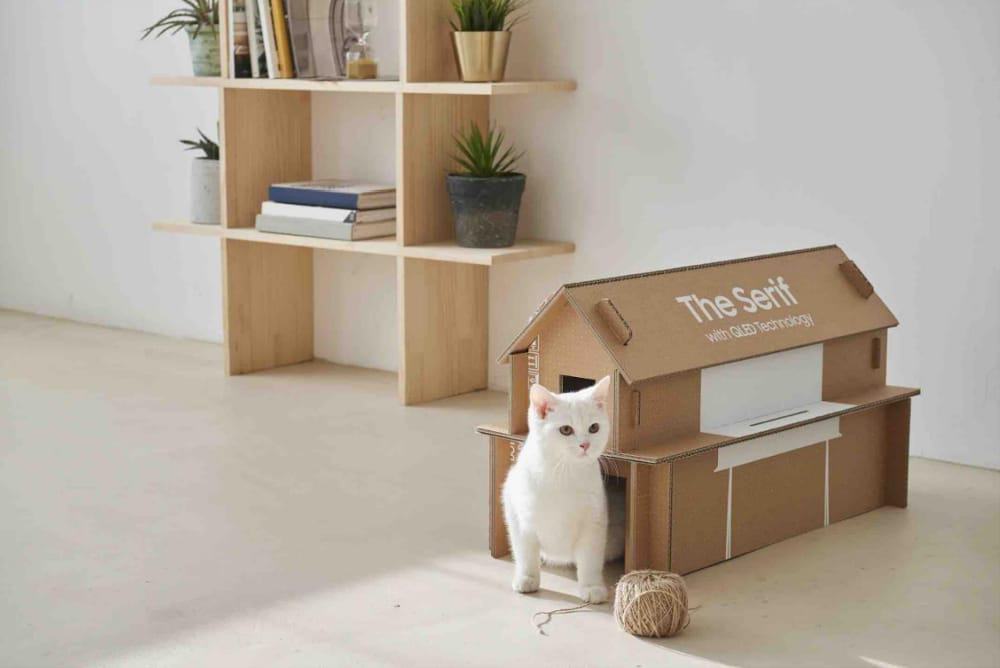 Com o Samsung Eco-Packaging, uma caixa pode ser transformada em casa de gatos
