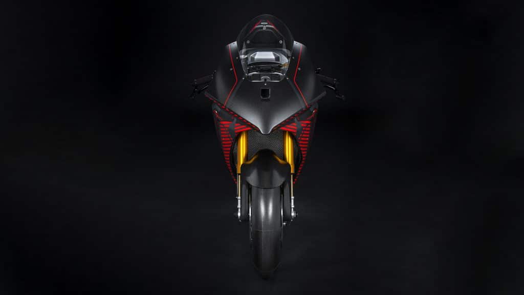 Visão de frente da moto elétrica da Ducati
