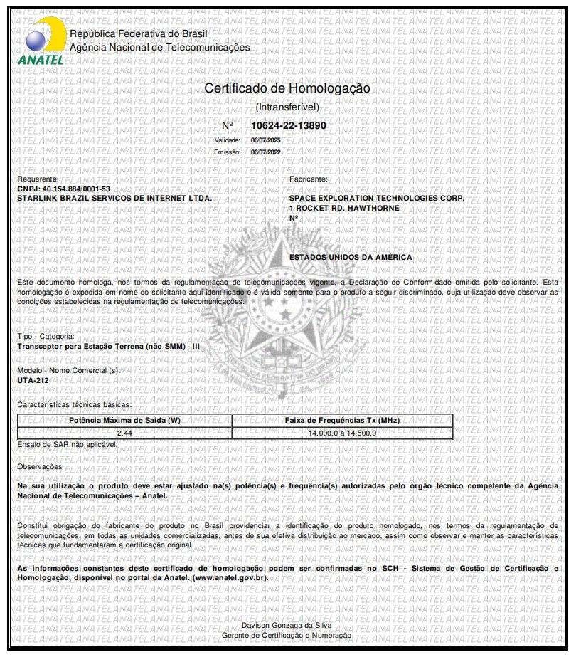 Certificado de homologação da nova antena da Starlink