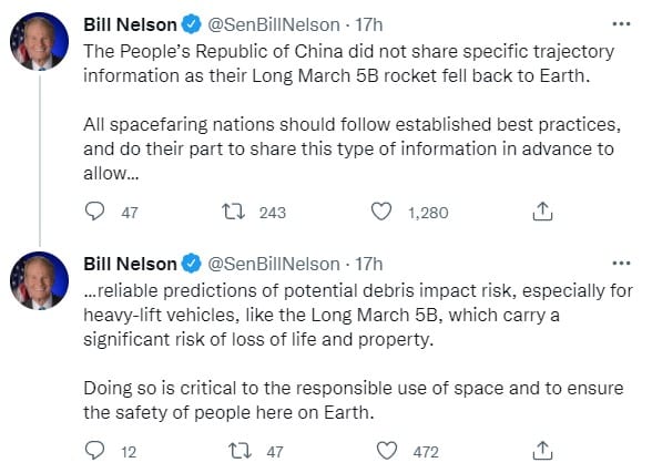 Tuítes de Bill Nelson criticam a China
