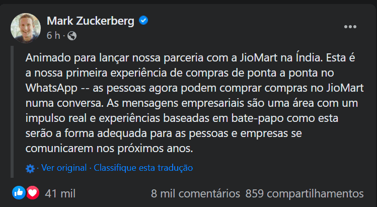mark zuckerberg no facebook falando sobre a meta e nova parceria do whatsapp