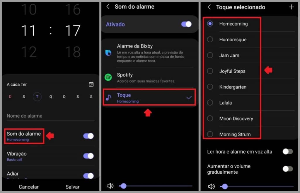 Como selecionar o toque do alarme