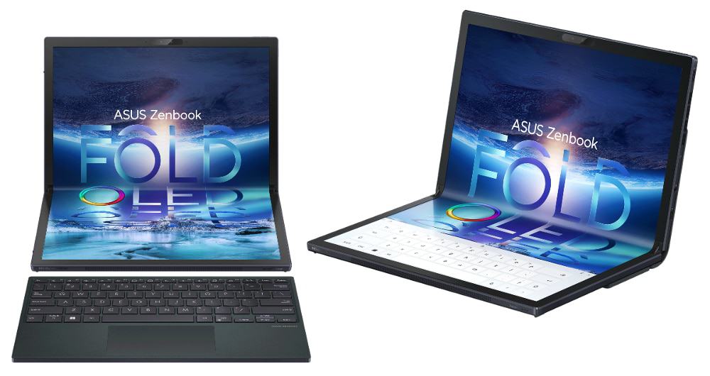 Zenbook 17 Fold OLED no modo estendido com teclado separado e no modo notebook com teclado virtual