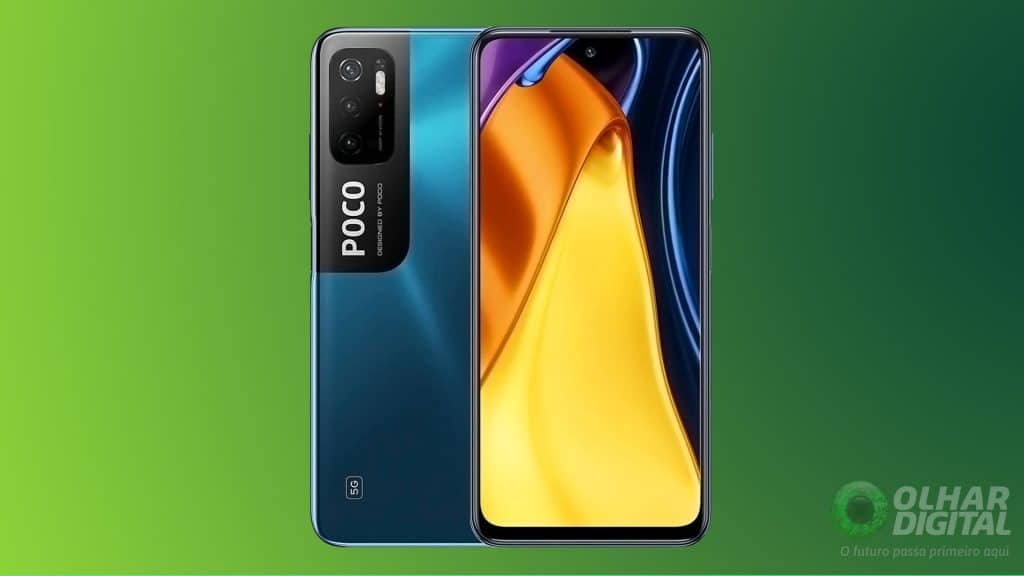 Parte frontal e traseira do smartphone Xiaomi Poco M3 Pro 5G