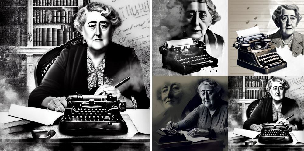 Agatha Christie escrevendo um novo livro de mistério, exposição dupla, estilo noir