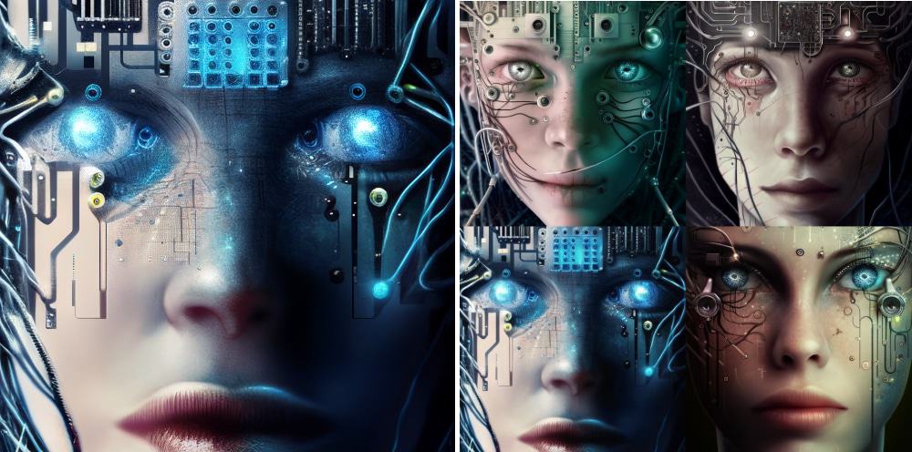 Prompt: “andróide quase humano com cérebro de IA, em close, com olhos feitos de circuitos”