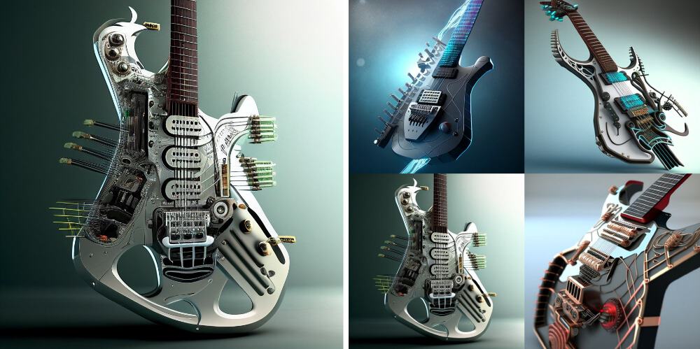 Prompt: “guitarra futurista feita com materiais high-tech”