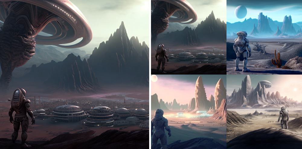 `Prompt: “paisagem alienígena com cidade alienígena ao fundo, e um E.T. em traje espacial se aproximando”