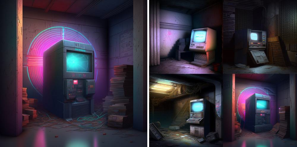 Prompt: “velho computador mainframe encostado em um porão”