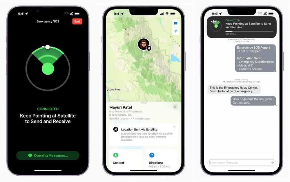 Telas do SOS de Emergência via satélite do iPhone 14 